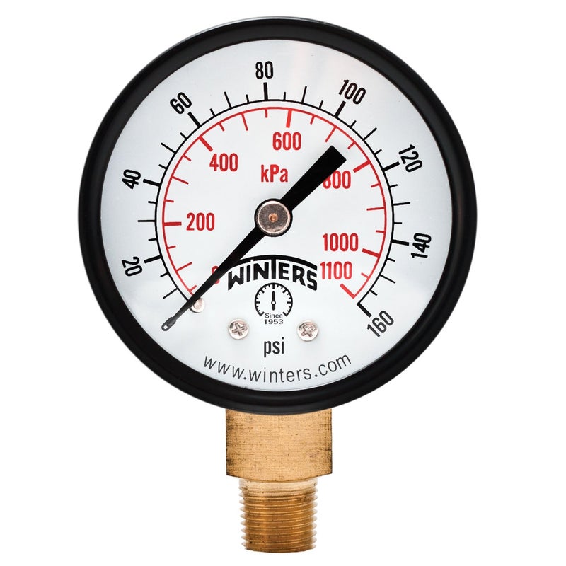 Winters 2 inch Dial Size, Economy Utility Dry Pressure Gauge, Brass Internals, Black Steel Case, Dual Scale 0-160 psi/kPa, 3-2-3% Accuracy, 1/8 inch NPT Bottom Mount, Multi Function Pressure Gauge